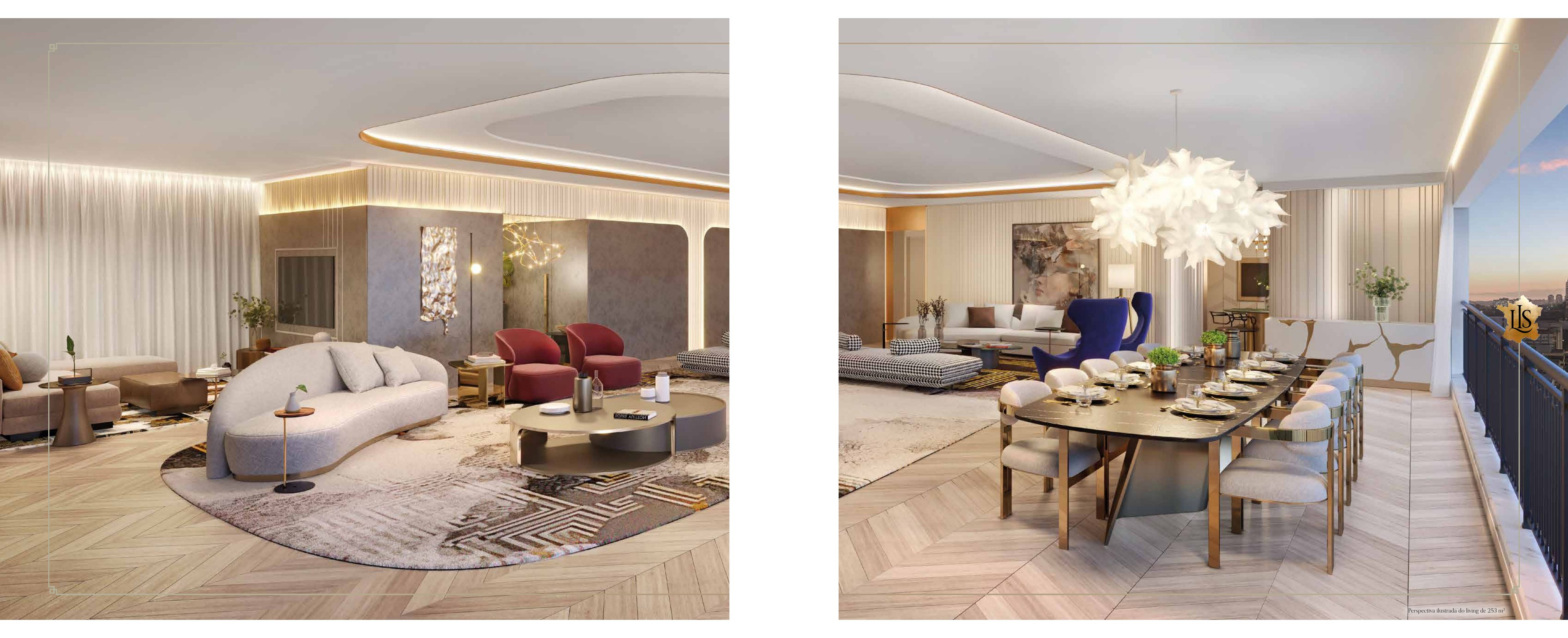 Perspectiva ilustrada do living do apartamento de 253 m²